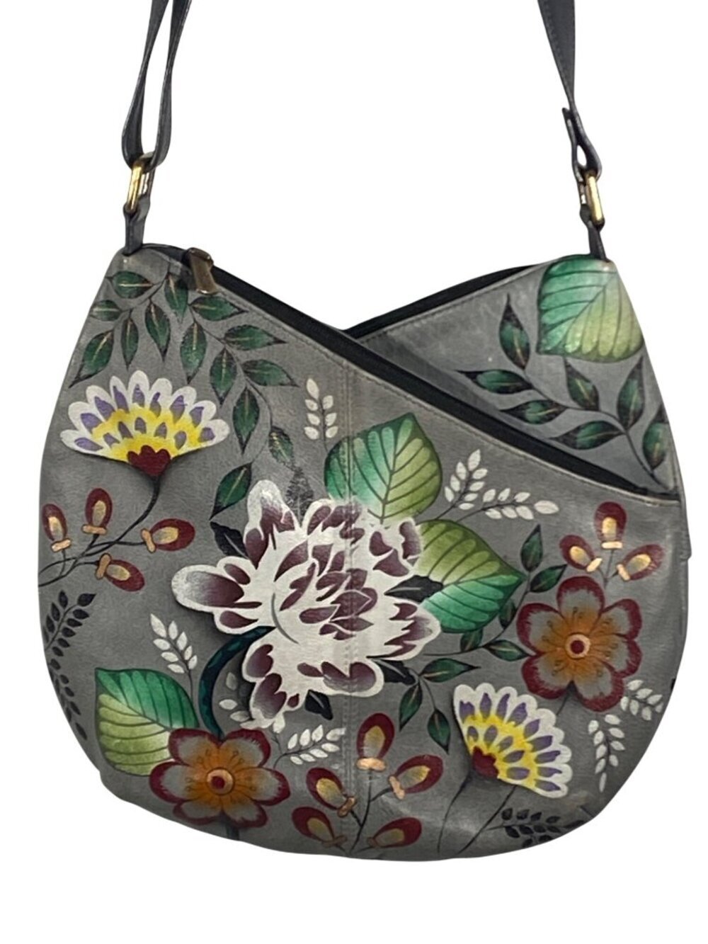 Anuschka Genuine Leather Hand-Painted Floral Crossbody Bag With Adjustable Strap